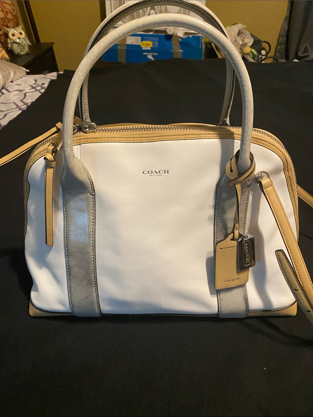 Coach White Leather Bleecker Satchel with Tan and Gray Trim